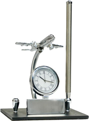 The Bling Global 1 Compartments Metal Metal Pen Stand With Clock,Stylish Stationary Desk Organizer(Silver)