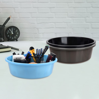 KUBER INDUSTRIES 3 Compartments Plastic Desk Organizer(Gray & Black & Sky Blue)