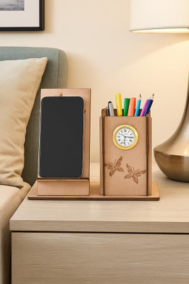 Afast 1 Compartments Wood Wooden Pen / Pencil Stand With Visiting Card & Mobile Holder For Desk Organizers(Brown)