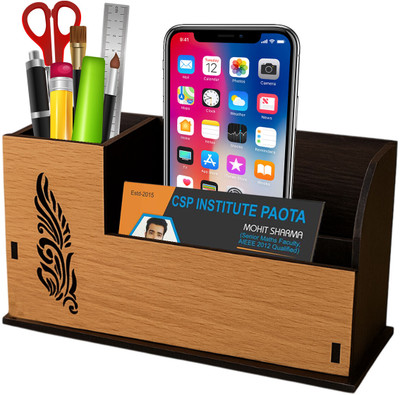 Gift Bazaar 3 Compartments MDF Pen Stand Wooden Desk Organizer with Visiting Card(Mobile Holder (for Office & Study Table, Multicolor), Stationery & Accessories)
