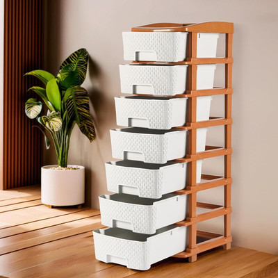 HOMESTIC by Kuber Industries 7 Compartments Plastic Modular 7-Layer & 57 Ltr Plastic Drawer Storage Organiser | Light Grey & Brown(Light Grey & Brown)