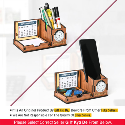 GIFT KYA DE 2 Compartments Wooden Calendar 2025 Mini Desk Organizer with Clock & Calendar, Office Table Accessories(Dark Wood)