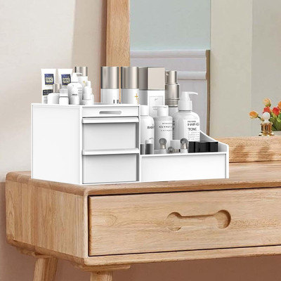 Adhunyk 7 Compartments Plastic Large Capacity Cosmetic Storage Box Makeup Drawer Organizer(White)
