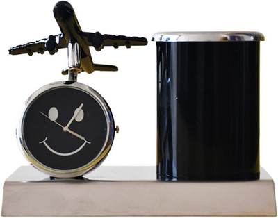 Saugat Traders 1 Compartments Metal Aeroplane Pen stand with Clock Showpiece for Home, Office Desk(Black)