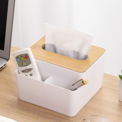 AMEEDARSHAN 3 Compartments Plastic wooden tissue box holder with wooden lid(White)
