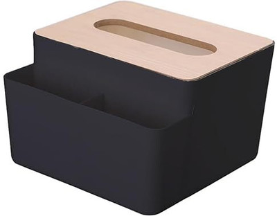 divinezon 2 Compartments plastic Tissue Storage Box with Wooden Lid, Remote Control Holder Table Organizer(White)