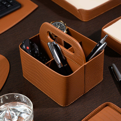 Three Sixty 4 Compartments Leather Desk Organizer Caddy(Tan)
