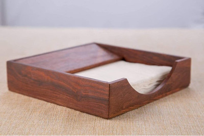 iqra handicrafts 1 Compartments Wooden Carving Leaf Design Napkin Tissue Paper Holder for Table Office use(Brown)