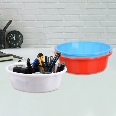 KUBER INDUSTRIES 1 Compartments Plastic Desk Organizer(Red & Sky Blue & White)