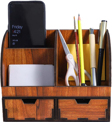 OCHHAV 5 Compartments Wooden Desk Organizer for Home,Office Multipurpose Study Table Desk Organizer for Office Table, Pencil/pen Mobile Holder Stand with 2 Drawer(Brown)