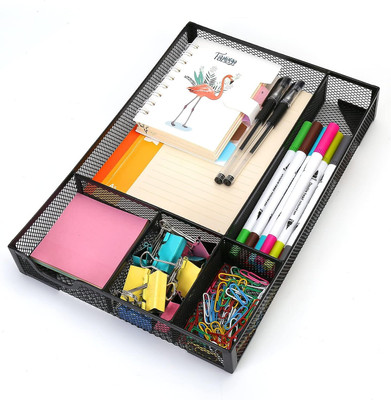 POXEFLIP 5 Compartments Metal Desk Drawer Organizer,Metal Mesh Drawer, 5 Grid Large Space,Multi-use(Black)