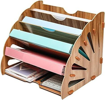 Marrone 5 Compartments Wooden Books And File Rack(Multicolor)