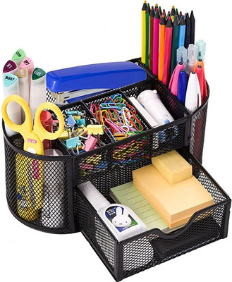 OFIXO 9 Compartments Metal Desk Organizer Stationary Storage Pen Pencil Office Home Study Table Desk Organizer(Black)