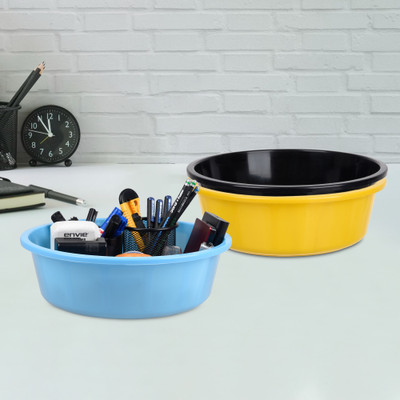 KUBER INDUSTRIES 3 Compartments Plastic Desk Organizer(Yellow & Black & Sky Blue)