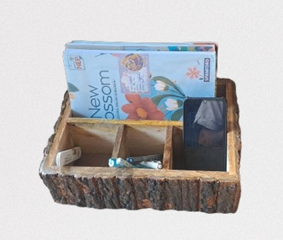 RF WOODTURNERS 4 Compartments Wood, Tree Bark Desk organizer pensil books Storage(Brown)
