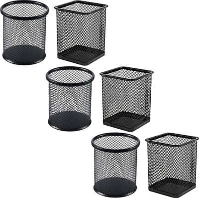 Novesto 3 Compartments Metal-Mesh, Pen Stand Trio-Round & Square Desk Organizer Set of 3 for Home & Office(Black)