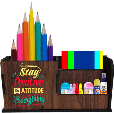 Craftzo 3 Compartments Premium Wood Finish UV Printed Pen Stand / Pen Holder / Mobile Holder / Visiting Card Holder(Brown)