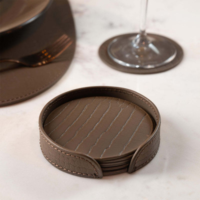 Three Sixty 1 Compartments Leather Round Coasters Set of 4 with Holder(TAUPE)