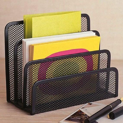 SkyFurnish 3 Compartments Metal Mesh Black Metal File Rack | 3 Section Document Holder for Office, School & Home Use(Black)
