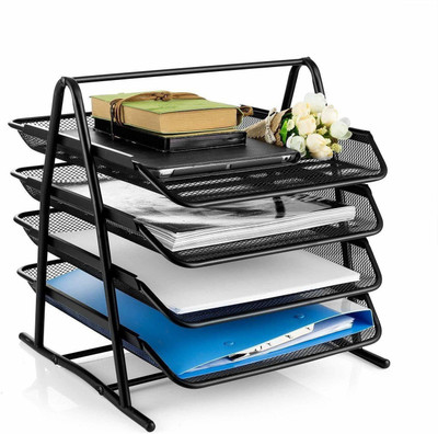 HARI SALES 4 Compartments Metal Mesh Document Tray Paper File Rack(Black)