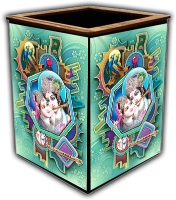 pnf 1 Compartments wooden Colourful Wooden Pen Stand with photo of Radha Krishna -17350(Multicolor)