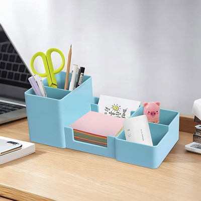 MAFAHH 6 Compartments ABS Plastic Multifunctional Desktop Organizer PencilHolder Sticky NoteTray Paperclip Storage(Blue)