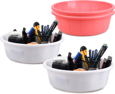 KUBER INDUSTRIES 4 Compartments Plastic Desk Organizer(Pink, White)