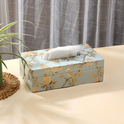 DULI 1 Compartments Floral Printed Tissue Box - MDF Wood Napkin Holder Dining Table (24x14x8 cm)(Light Blue)