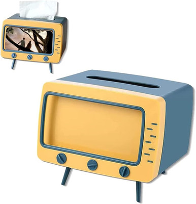 IndiRocks 1 Compartments Plastic Tissue Box Holder Retro TV Tissue Box Cover Cute and Practical Cell Phone Holder(Yellow, Blue)