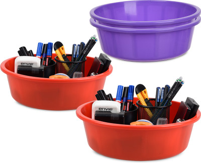 KUBER INDUSTRIES 4 Compartments Plastic Desk Organizer(Purple, Red)