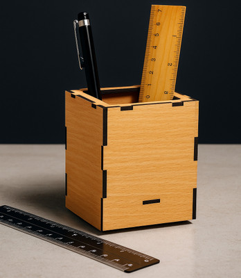 Gift Bazaar 1 Compartments MDF Pen Stand for Desk | Office Table Organizer with Ruler & Pen Holder(Stationery Holder | Ideal for Office & Study Table Brown)