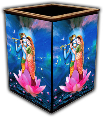 pnf 1 Compartments wooden Colourful Wooden Pen Stand with photo of Radha Krishna -17338(Multicolor)