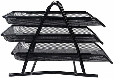 SHOPOSMART 3 Compartments metal 3-Tier File Rack Desk Organizer Mesh Document Tray Letter Tray Stand(Black)