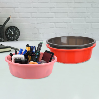 KUBER INDUSTRIES 3 Compartments Plastic Desk Organizer(Red & Gray & Light Pink)