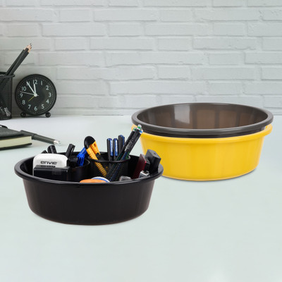 KUBER INDUSTRIES 3 Compartments Plastic Desk Organizer(Yellow & Gray & Black)