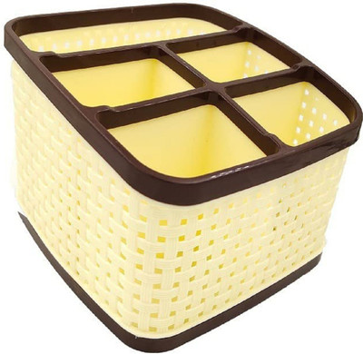 PuthaK 5 Compartments Plastic Multipurpose Storage Stand Desk Organizer for Cosmetic, Pen, Mobile and Remote(Yellow)