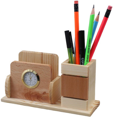 OCHHAV 2 Compartments Wood Desk Organizer Pen & Pencil With Clock for Office Supplies & Accessories. Table Clock for Doctors, Office Desk & Study, New Year Gift for Employee(Beige)