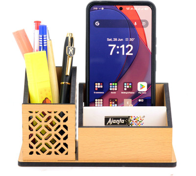 AJANTA ROYAL 3 Compartments MDF Wood Pen Stand(White Beach)