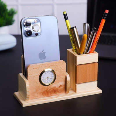 GENIYO 2 Compartments Pencil Holder with Clock,Visiting Card & Mobile Holder Multipurpose Wooden Desk Organizer With Pen/Pencil/Mobile/Visiting Card Stand For Office Table Stand(Beige)