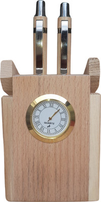FKDecorare 2 Compartments Wooden TimberClock Pen Stand(Light Brown)