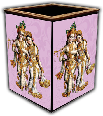 pnf 1 Compartments wooden Colourful Wooden Pen Stand with photo of Radha Krishna -22098(Multicolor)