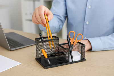AVMART 3 Compartments Metal Desk Organizer Stationary Storage Stand Pen, Pencil Holder for Office,(Black)