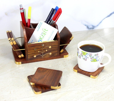 EcoWuuD 4 Compartments WOODEN PEN-STAND(Brown)