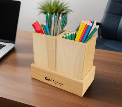 Kabi Aggro 2 Compartments Pine Wood Wooden pen stand desk organizer and hold items pencils pens markers(Wooden)