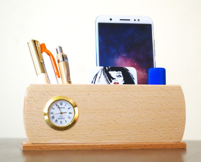 UKEA 3 Compartments Wood Pen Stand With Clock Deskorganiser(Natural Wood)