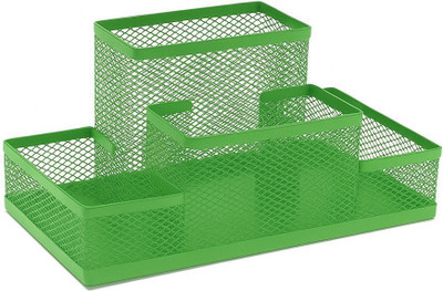 SkyFurnish 4 Compartments Metal Mesh Stylish Green Metal Mesh Desk Organizer | Durable Pen & Pencil Holder(Green)
