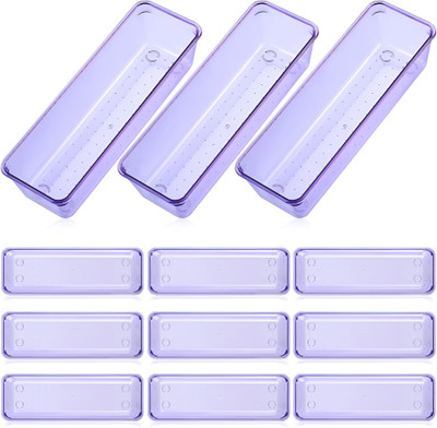 Kepzell 12 Compartments Plastic desk drawer long storage organizer tray for makeup cosmetic stationary box(Clear, Purple)