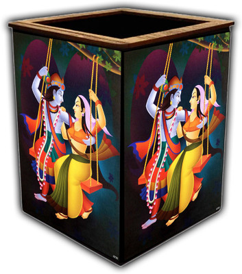 pnf 1 Compartments wooden Colourful Wooden Pen Stand with photo of Radha Krishna -4715(Multicolor)