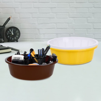 KUBER INDUSTRIES 3 Compartments Plastic Desk Organizer(Yellow & White & Brown)