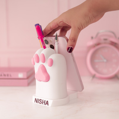 MOSKAI 1 Compartments PLA (Bio-Degradable) Cat Paw Theme Pen Stand(White & Pink)
